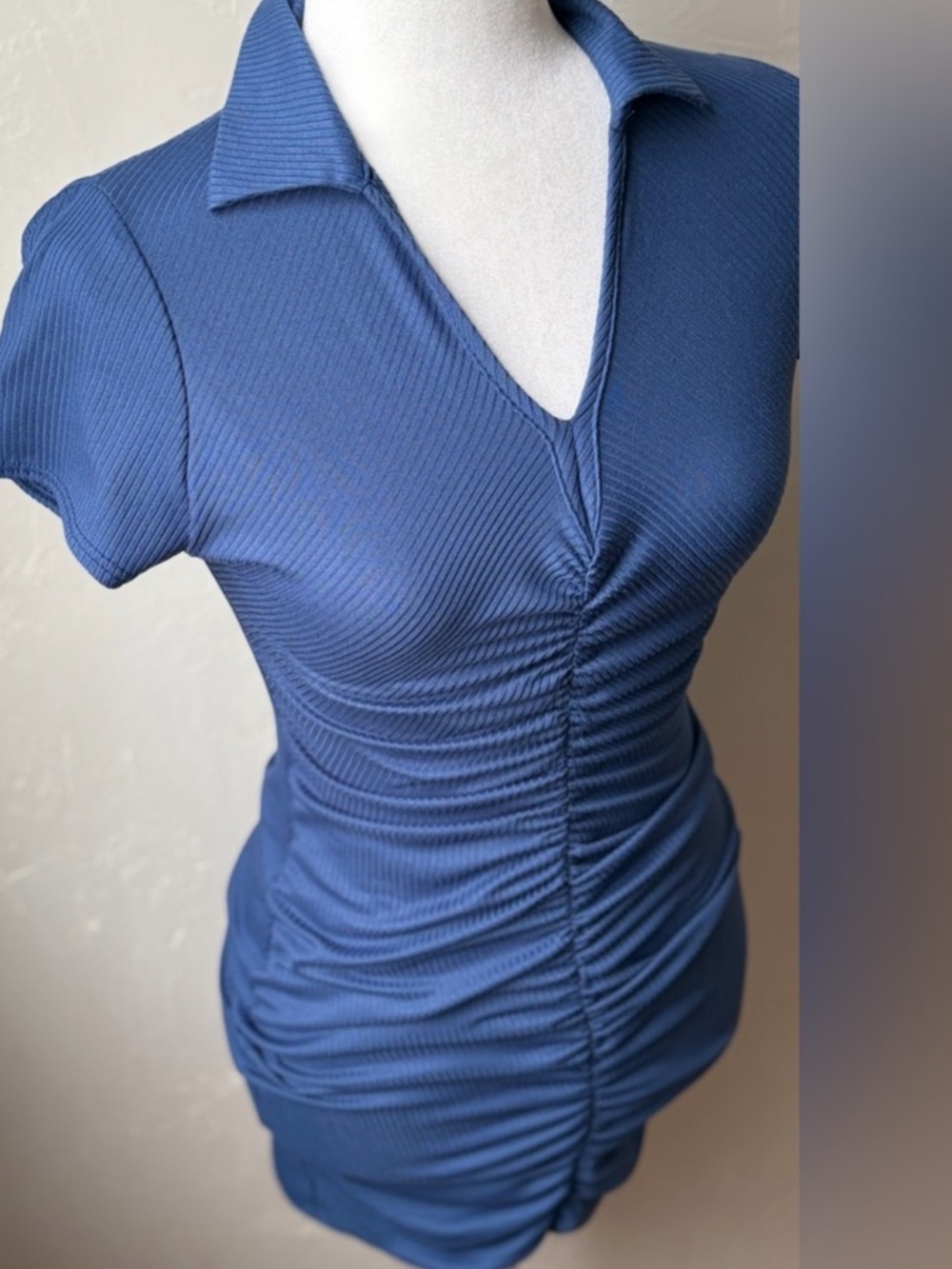 Ruched Collared Ribbed Dress- Blue - Picture 3 of 5